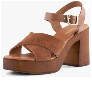 Pazzion Brown Crossed Strap Buckle Platform Chunky High Heel Open Toe Sandals